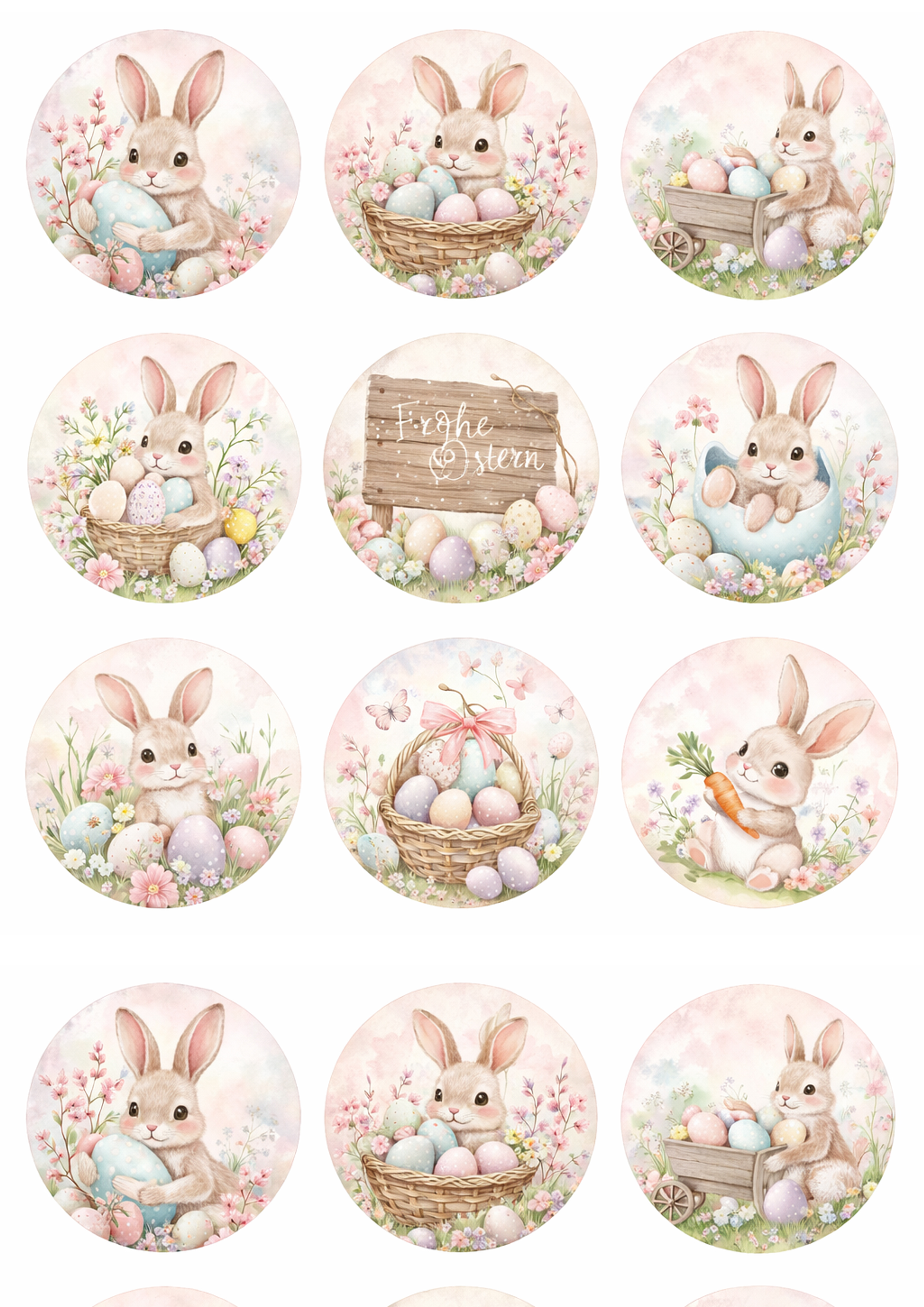 Keksaufleger zu Ostern (Ø 6 cm) mit Osterhase- und Ostereier-Motiven im Aquarell-Stil.