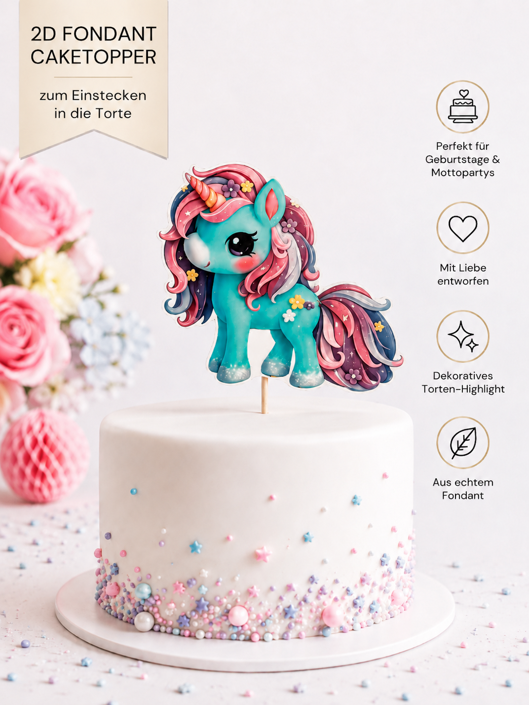 2D Fondant Caketopper Einhorn – Tortentopper zum Einstecken