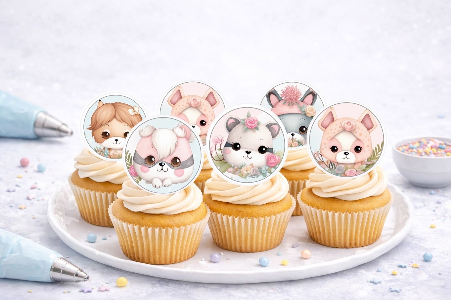 Cupcakes mit essbaren Muffinauflegern mit süßen Kindertieren im Boho-Style