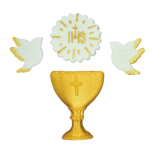 Essbare Tortendeko „Kommunion“ – Kelch, Hostie & Tauben aus Zucker