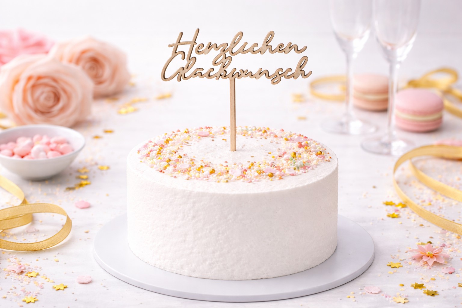 Holz Cake Topper mit Schriftzug „Herzlichen Glückwunsch“ als elegante Tortendeko auf weißer Torte