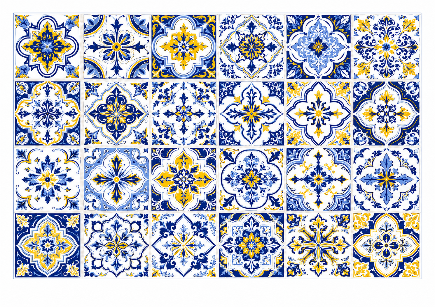Deko Fondant Amalfi A4 – Mediterranes Fliesenmuster in Blau, Weiß und Gelb