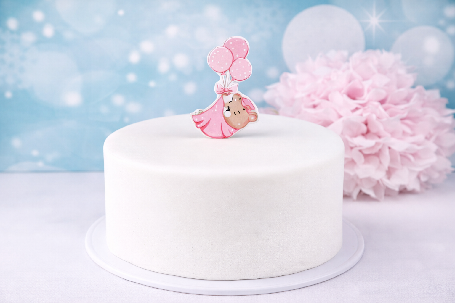 Essbarer Cake Topper Bär mit rosa Luftballons – süße Tortendekoration für Geburtstag & Babyfeier