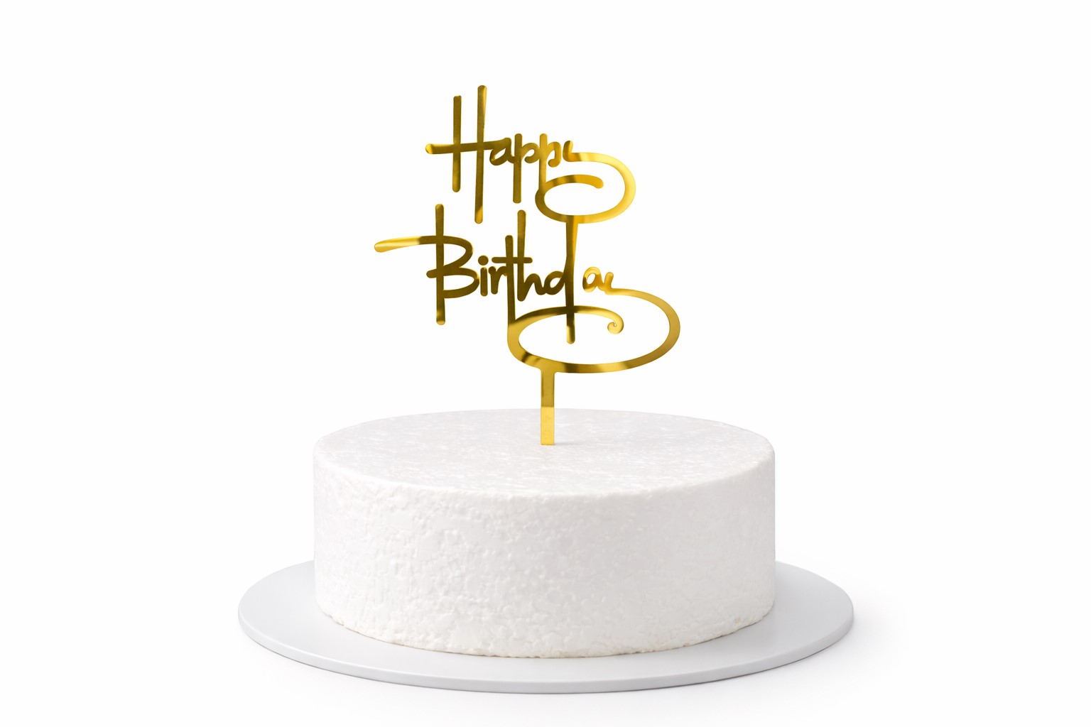 Eleganter goldener Caketopper mit geschwungenem Happy Birthday Schriftzug für Geburtstag, Party und Tortendekoration
