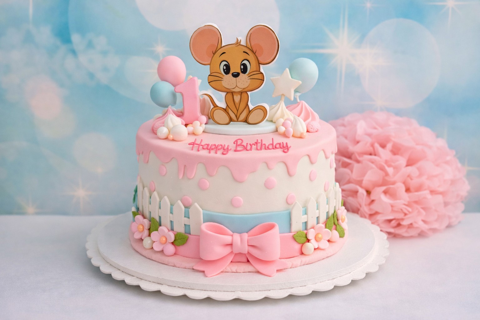 Essbarer Cake Topper „Süße Maus“ – Fondant-Figur ca. 8,5 cm mit Stäbchen zum Einstecken | Kindergeburtstag Tortendeko
