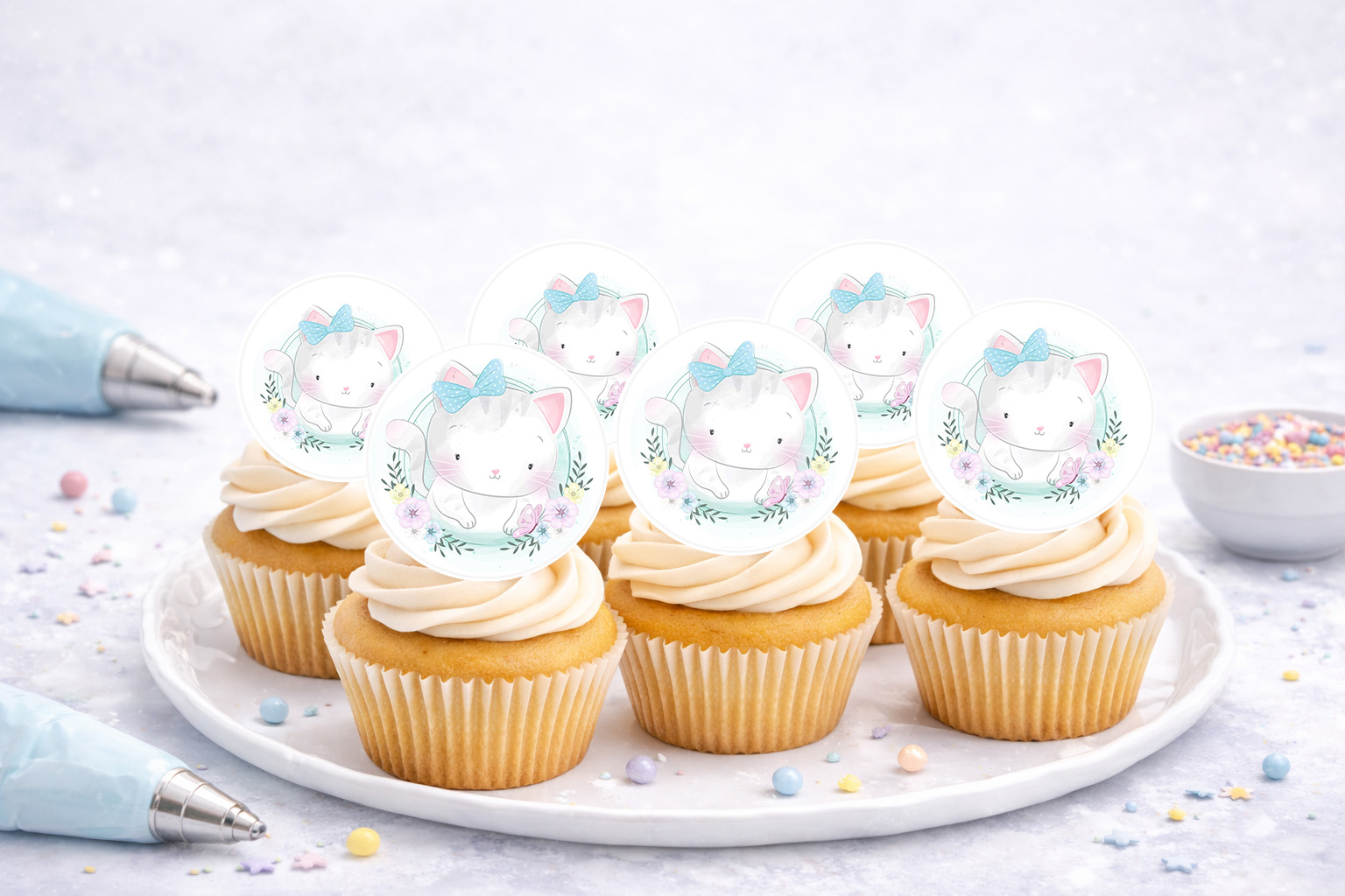 Muffinaufleger Katze – 20 essbare Oblate-Deluxe Aufleger, Ø ca. 4,5 cm, zuschneidbar mit Schere (N636)