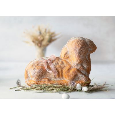Fertig gebackener und dekorierter Osterlamm Kuchen aus 3D Backform ideal für Osterbrunch und Osterkaffee