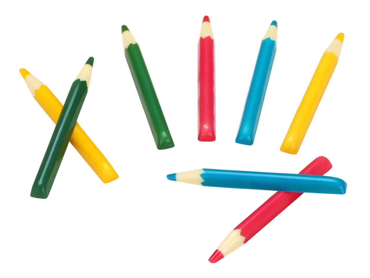 Schokoladendekor Buntstifte 8 Stück aus weißer Schokolade in gelb, rot, grün und blau als essbare Tortendeko für Einschulung