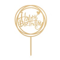 Runder Caketopper mit Schriftzug Happy Birthday in gold mit Herzen