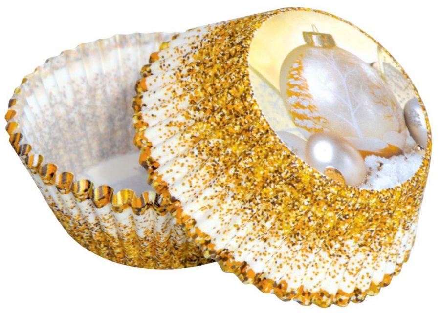 Muffinförmchen Weihnachten – Gold & Weiß mit Christbaumkugeln – 50 Stück