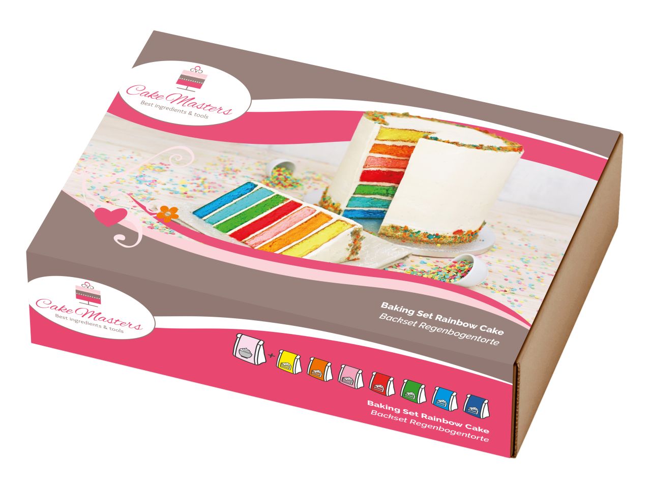 Set-Inhalt Backset Regenbogentorte: 7 Tortenboden-Backmischungen in Farben plus Buttercremepulver und Rezeptkarte
