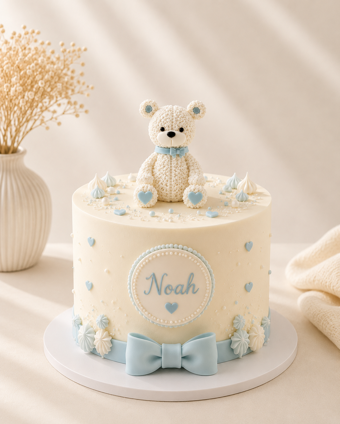 Teddy-Bär weiß mit blauer Schleife und Herzen – 8,5 cm