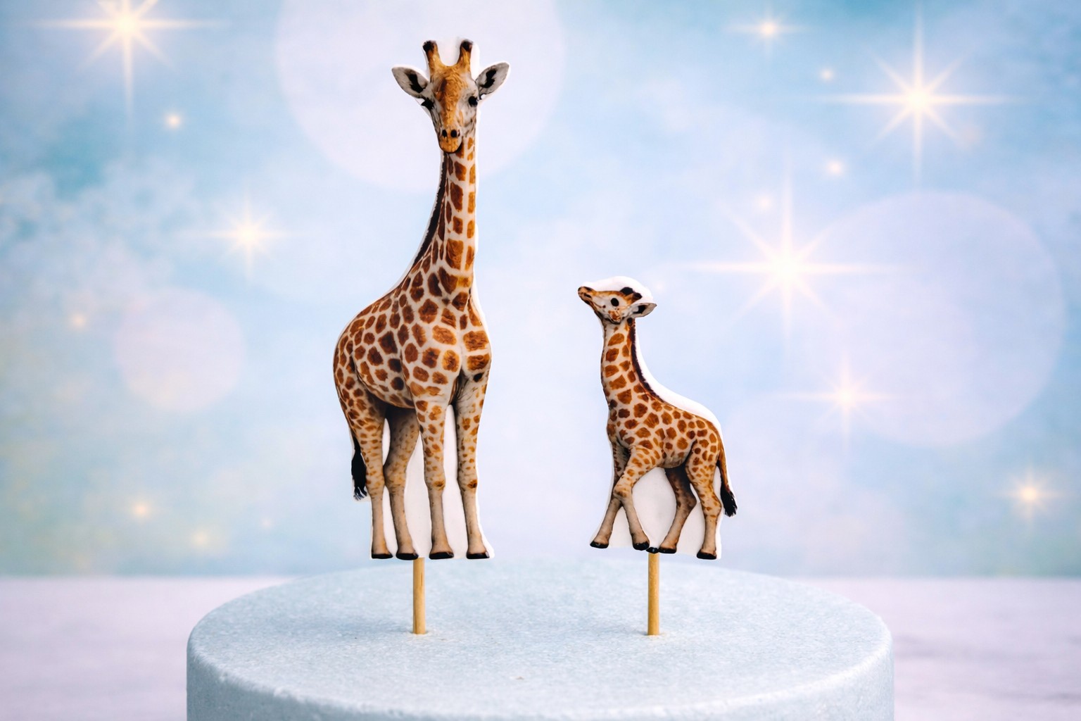 Essbares Cake Topper Set „Giraffe & Baby“ (2-tlg.) – Fondant-Tortenfiguren 15 cm & 7,5 cm mit Stäbchen | Safari Kindergeburtstag Tortendeko