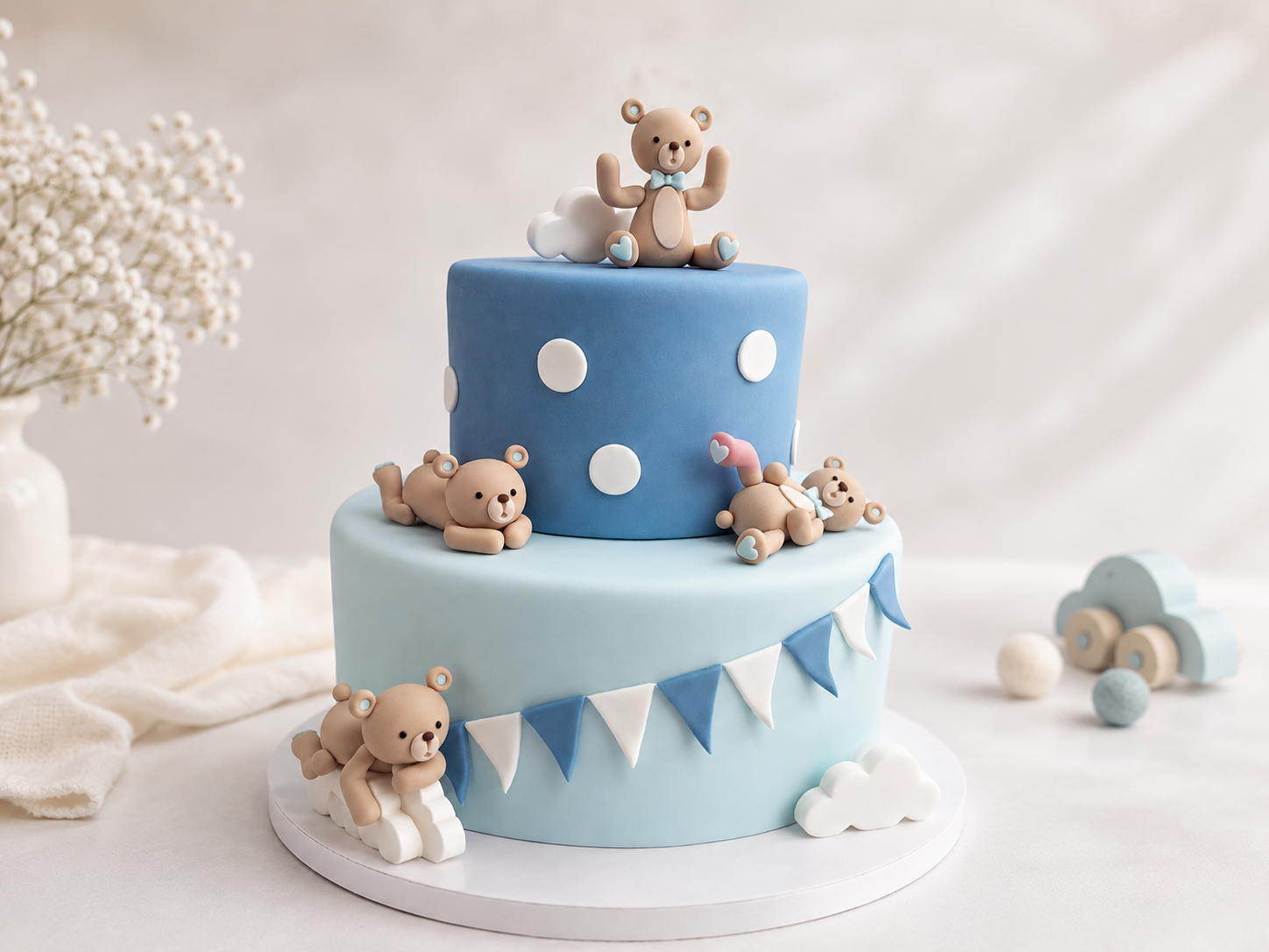Tortenfiguren-Set Bären blau – handgefertigte Tortendeko für Kindergeburtstag & Babyfeiern