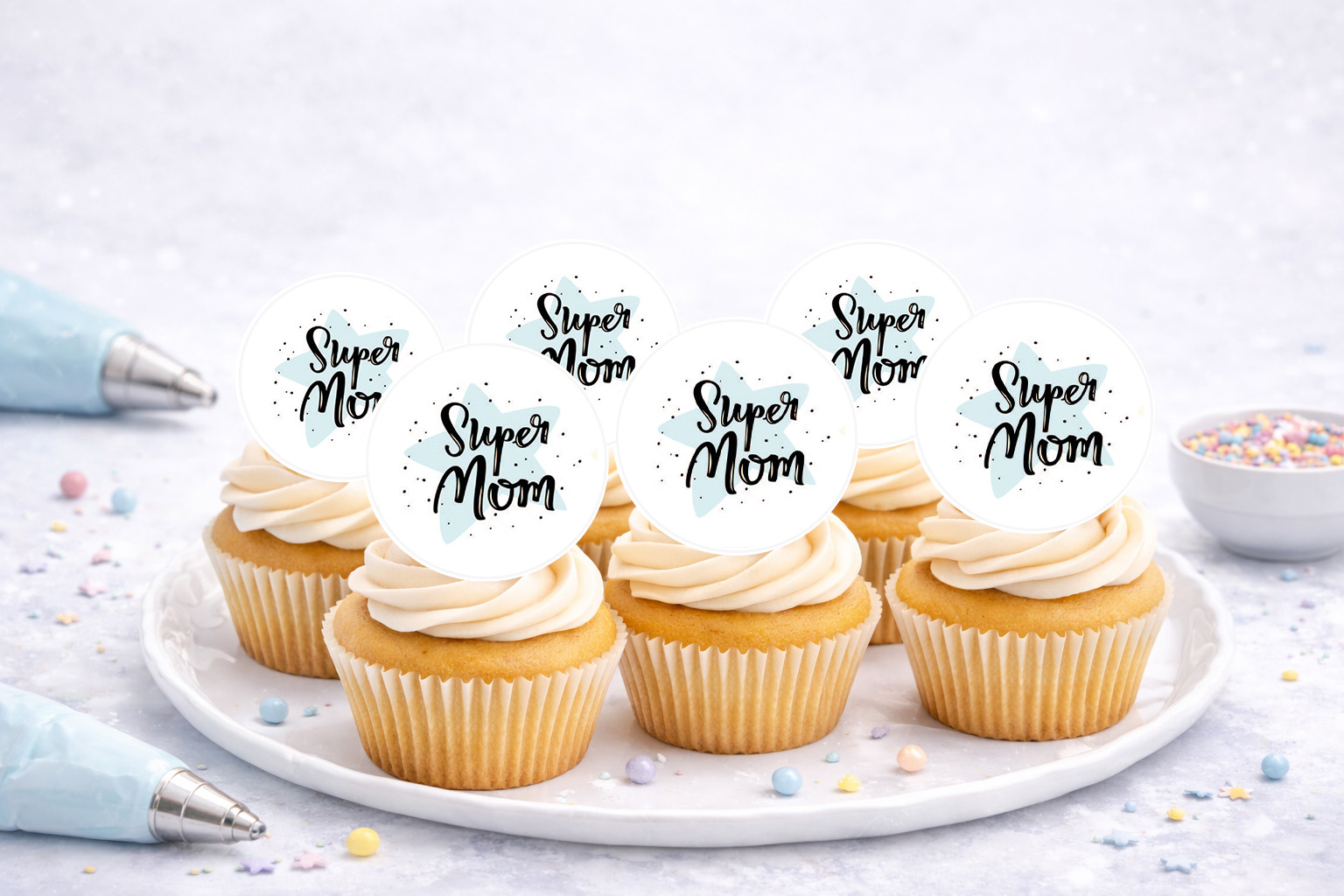Muffinaufleger Muttertag „Super Mom“ aus Oblate Deluxe als A4-Seite mit Auflegern, Art.-Nr. P773