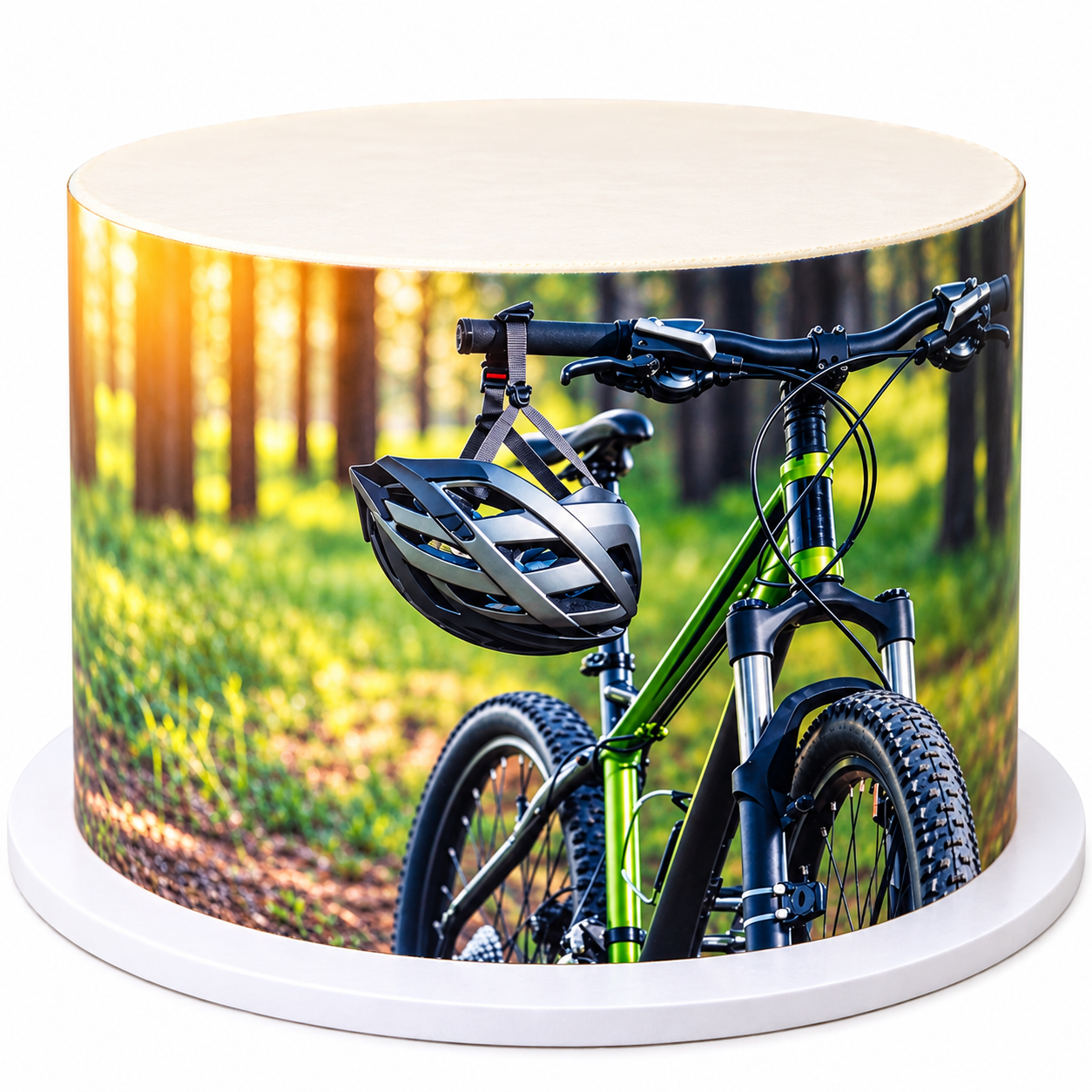 Deko-Fondant Mountainbike im Wald – essbare Tortenumrandung A4
