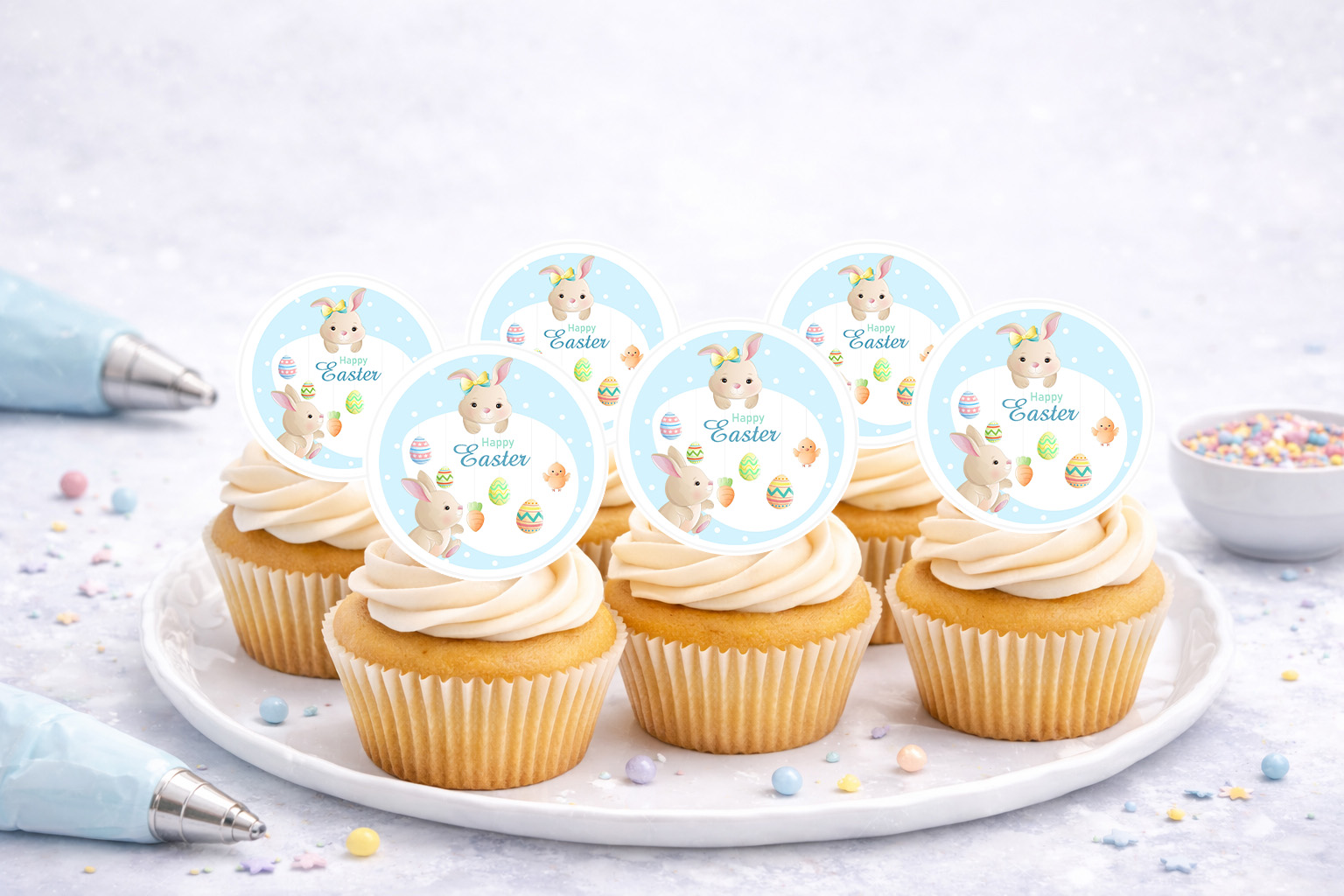 Essbare Muffinaufleger Ostern aus Oblate – 1 A4-Bogen mit 16 Auflegern, ca. 5 cm, zum Selbstausschneiden.