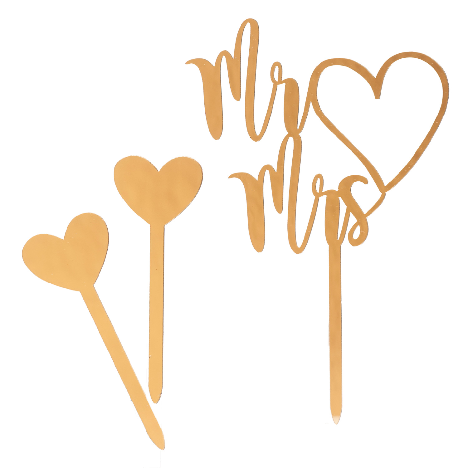 Mr & Mrs Caketopper Set 6-teilig – Goldene Tortenstecker mit Herzen für Hochzeit, Verlobung & Candy Bar