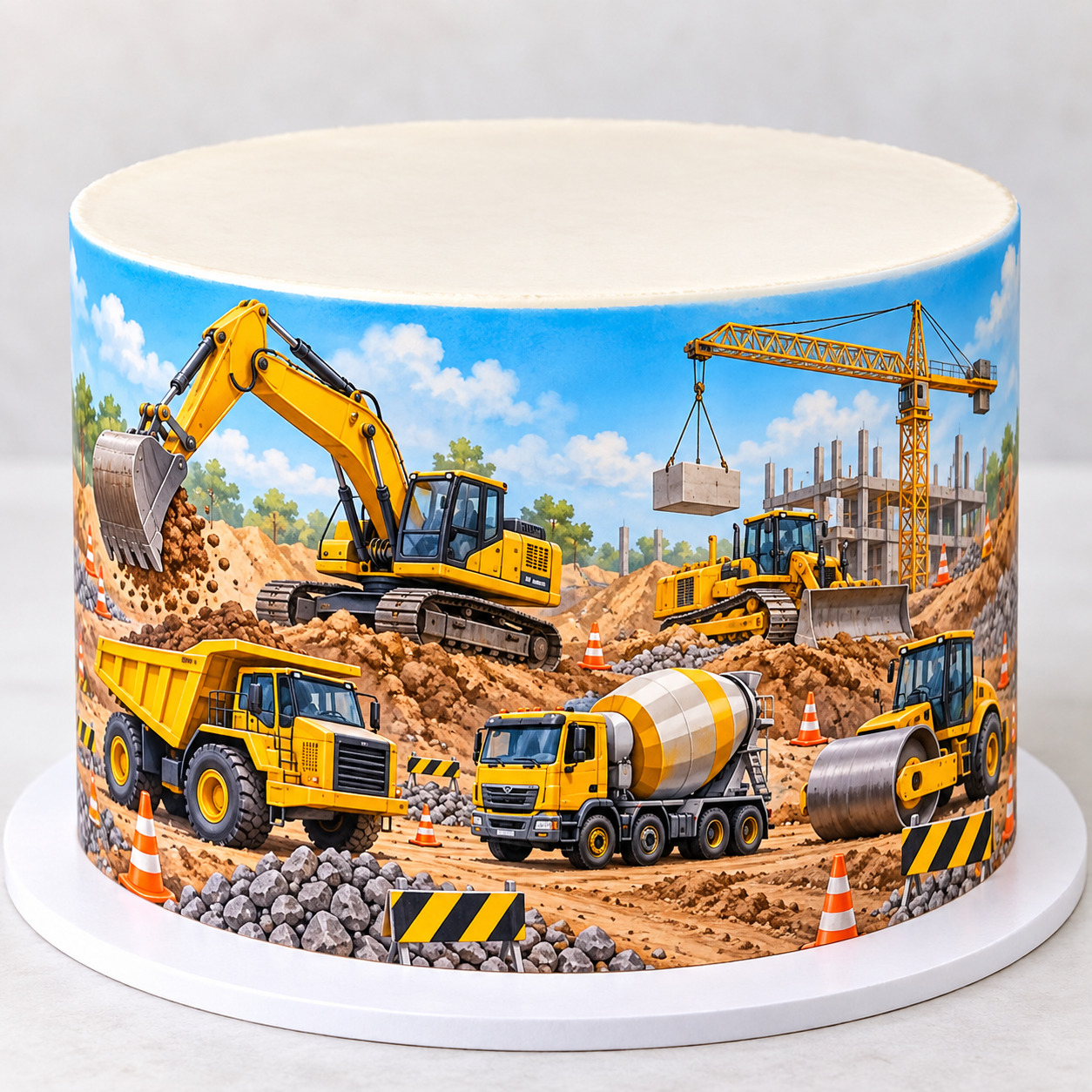 Deko-Fondant Baustelle – essbare Tortenbordüre mit Bagger, Kran & Baufahrzeugen