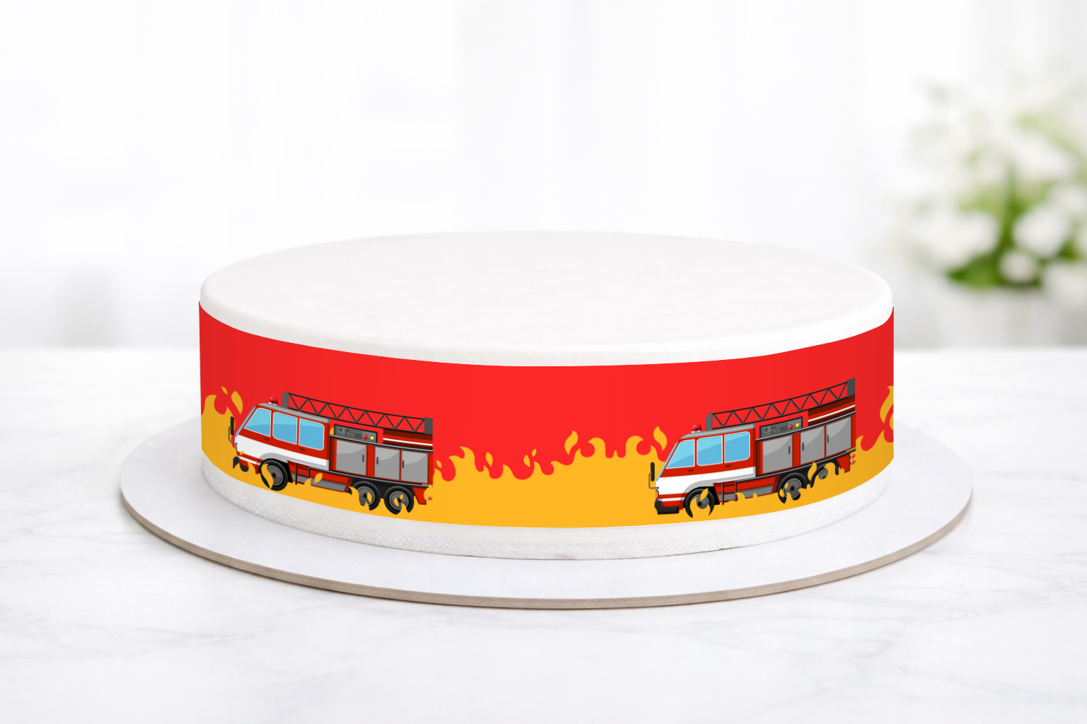 Tortenband Feuerwehrauto & Flammen