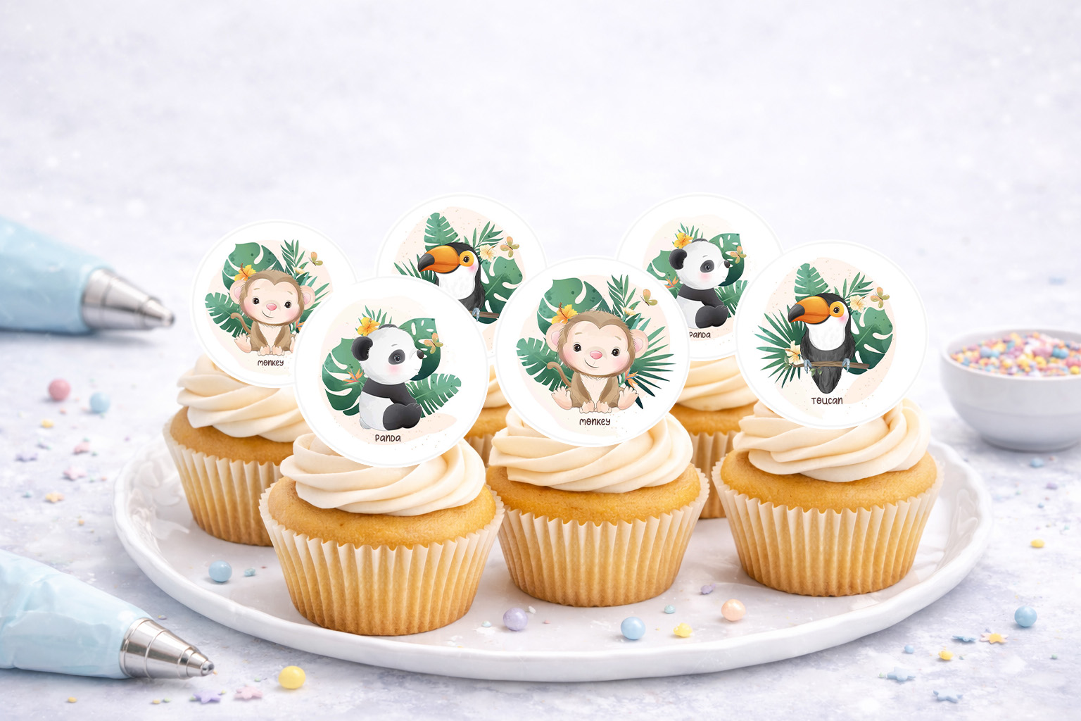 Muffinaufleger Dschungel aus Oblate Deluxe – essbare Aufleger auf A4-Bogen, zuschneidbar