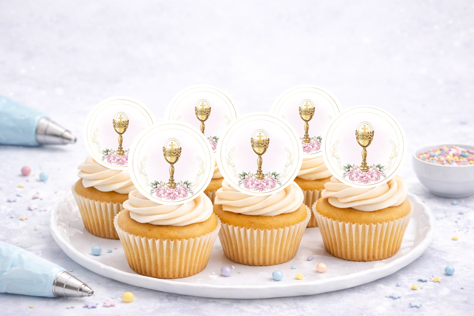 Essbare Muffinaufleger zur Erstkommunion mit christlichen Motiven für Cupcakes und Muffins
