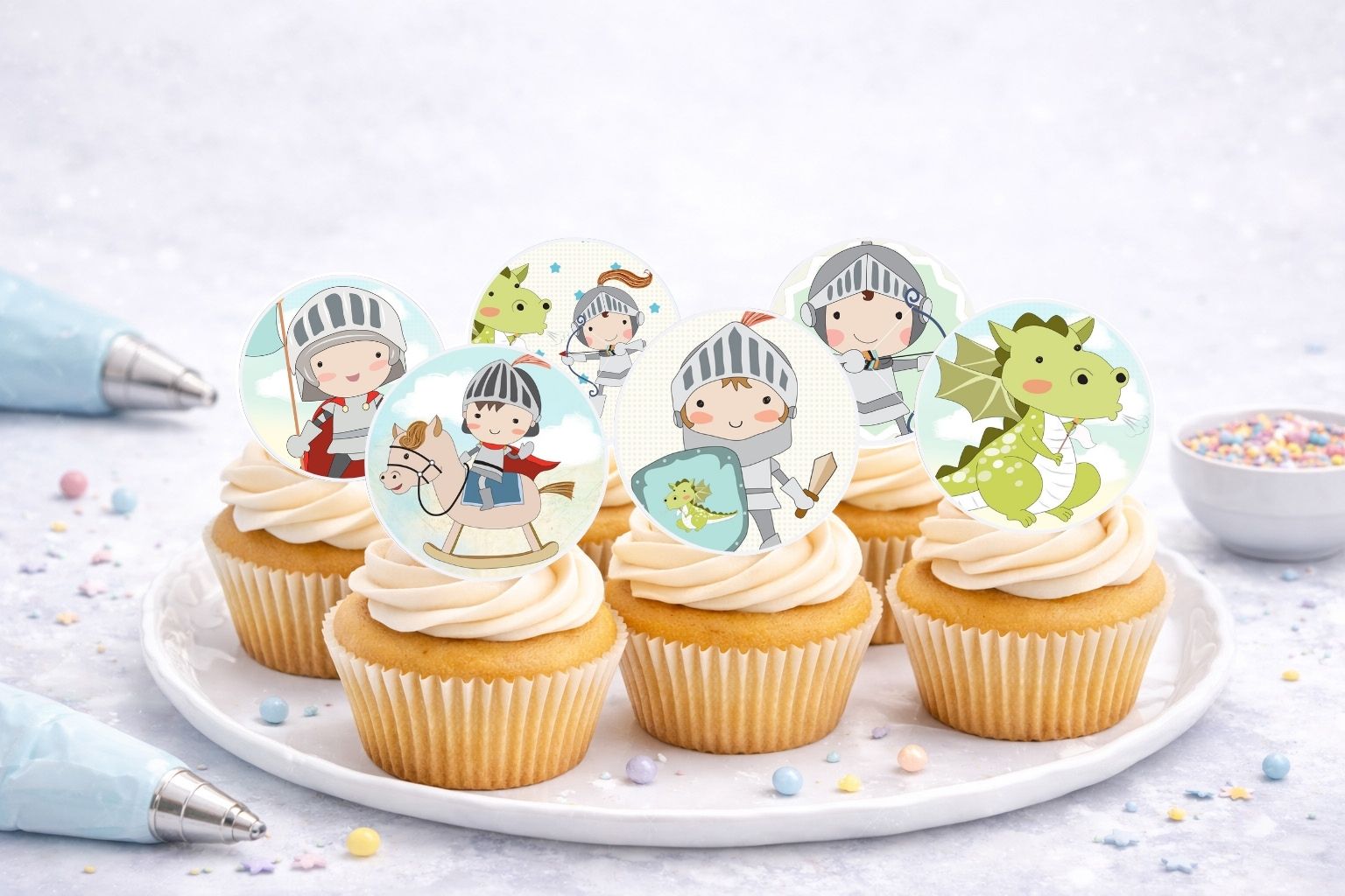 Essbare Muffinaufleger Ritter aus Oblate Deluxe, 12 Stück auf A4 zum Ausschneiden für Cupcakes und Kindergeburtstag