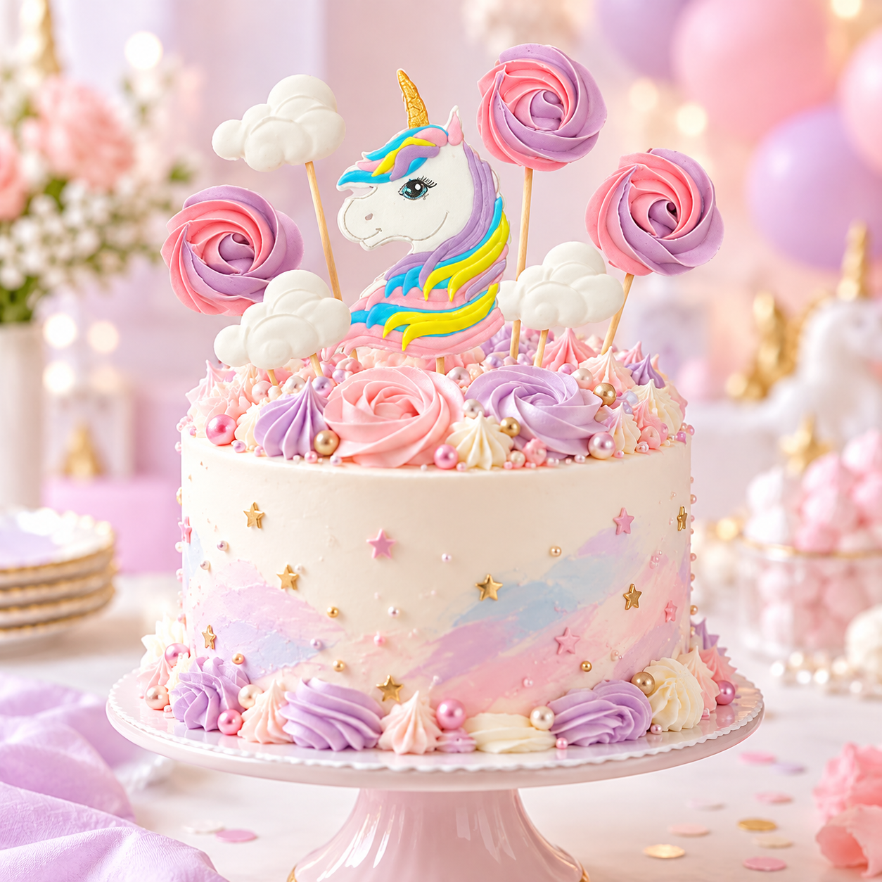 Caketopper-Set Einhorn & Wolken aus Zuckermasse in Pastelltönen