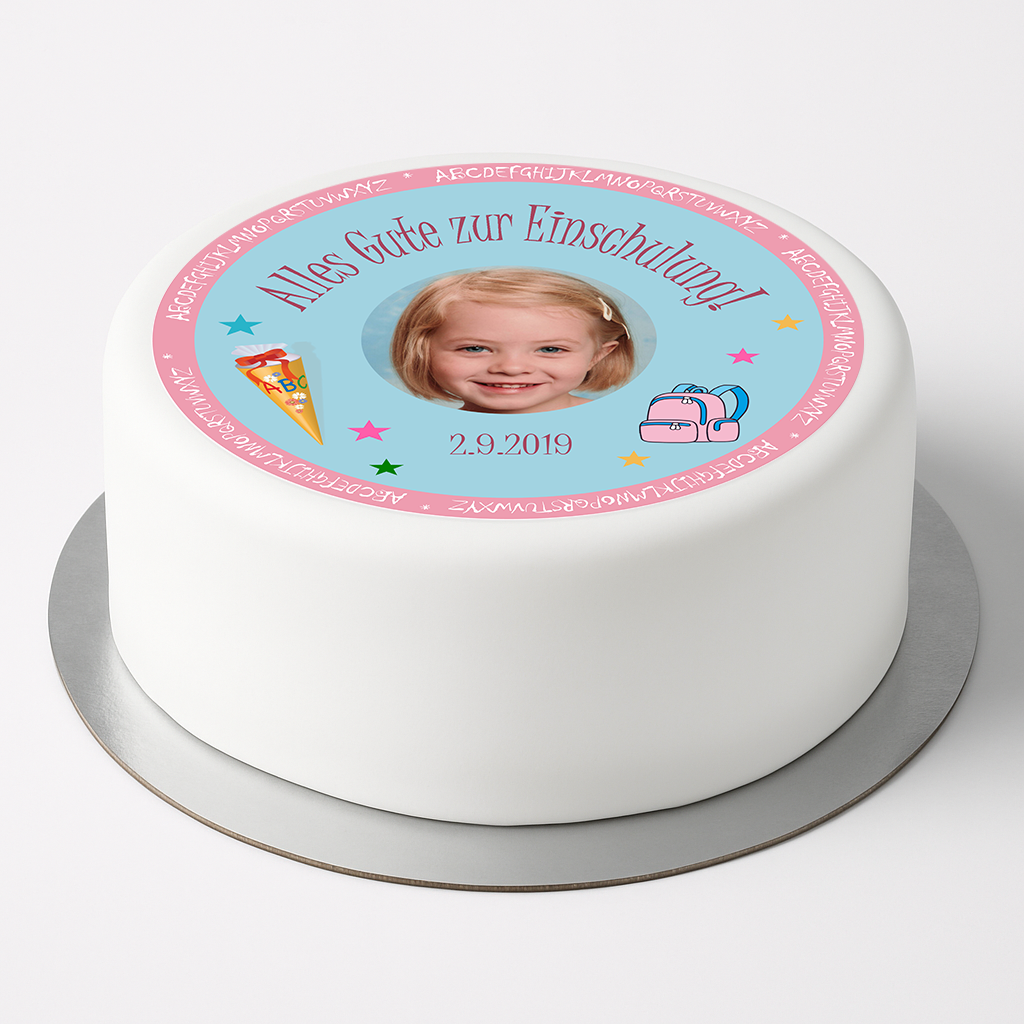 Tortenaufleger „Alles Gute zur Einschulung“ mit persönlichem Foto – essbar