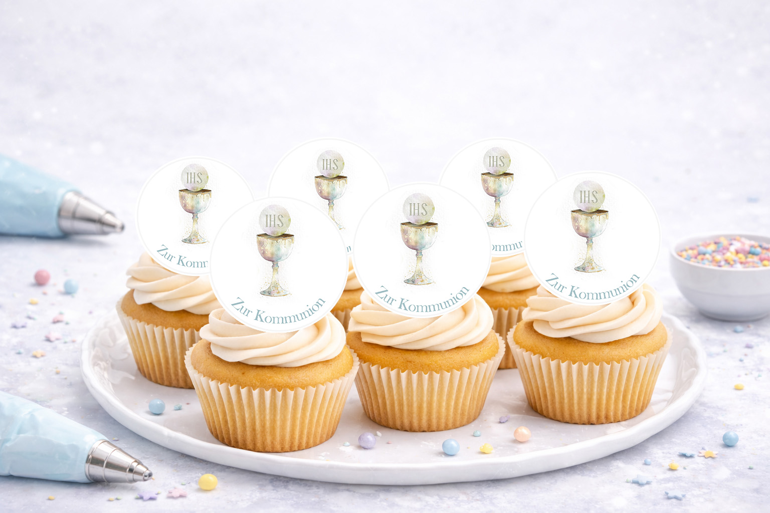 Essbare Muffinaufleger zur Erstkommunion mit christlichen Motiven für Cupcakes und Muffins