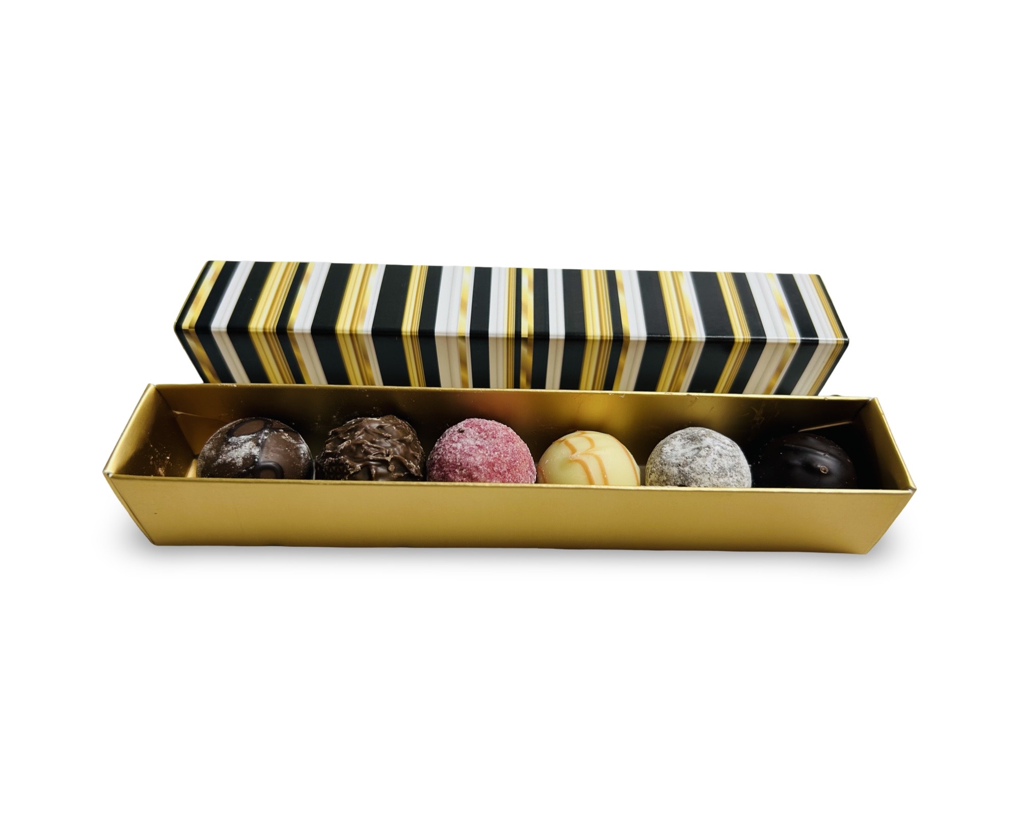 Pralinenverpackung Gold mit Deckel – 18 x 3,3 x 3,3 cm