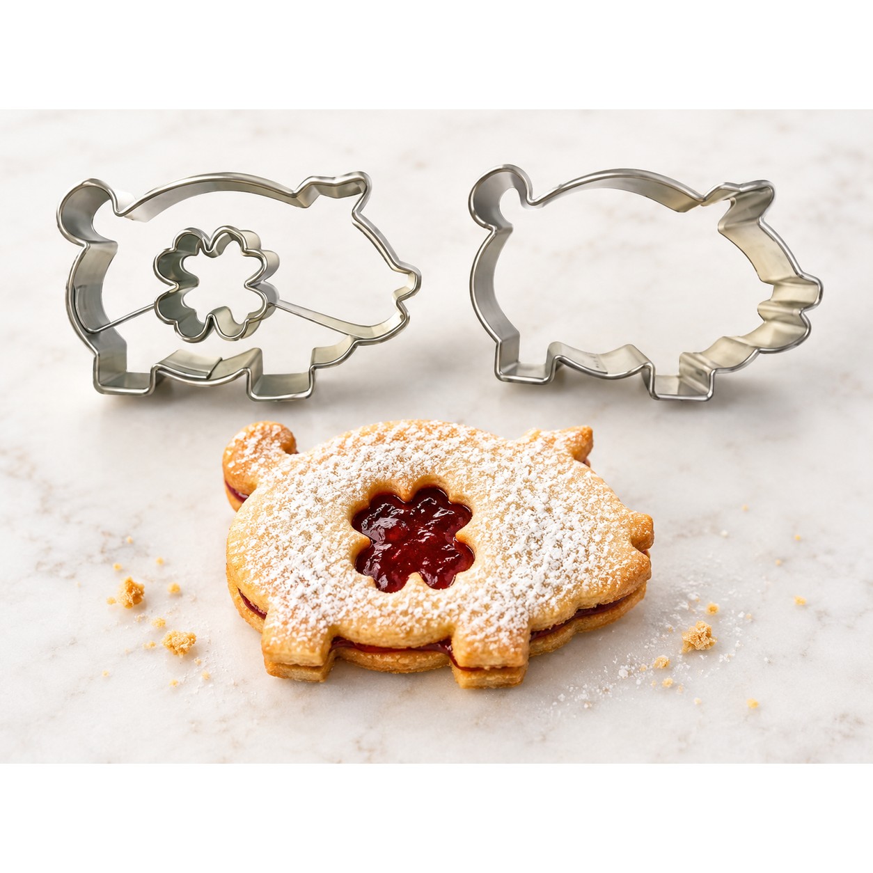 Linzer Ausstecher Glücksschwein mit Kleeblatt 4,5 × 2,5 cm – 2-teilig, Edelstahl A27