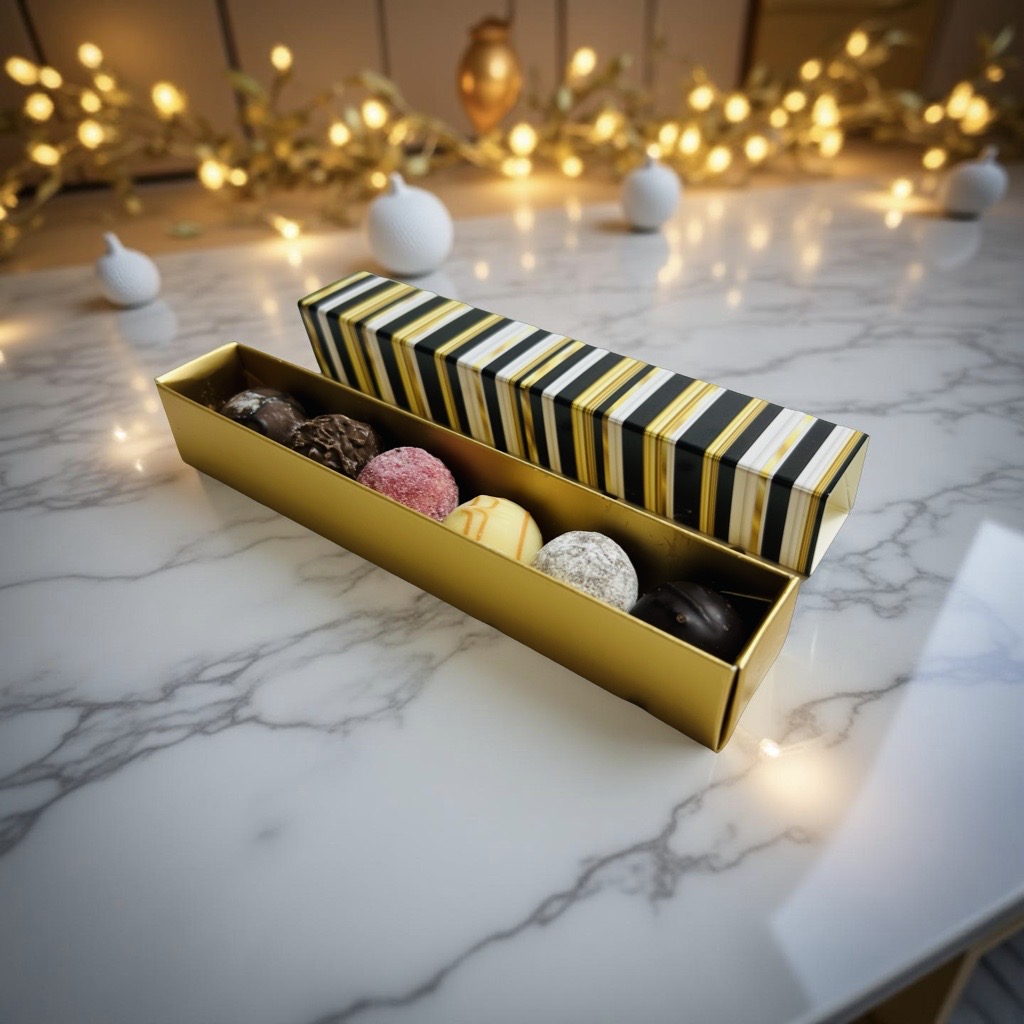 Pralinenverpackung Gold mit Deckel – 18 x 3,3 x 3,3 cm