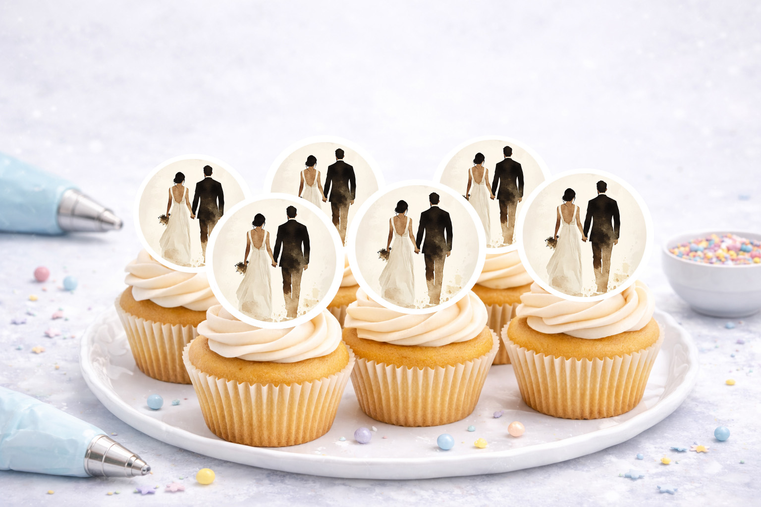 Essbare Muffinaufleger Hochzeit aus Oblate – A4-Bogen mit 24 Motiven zum Ausschneiden (R496)