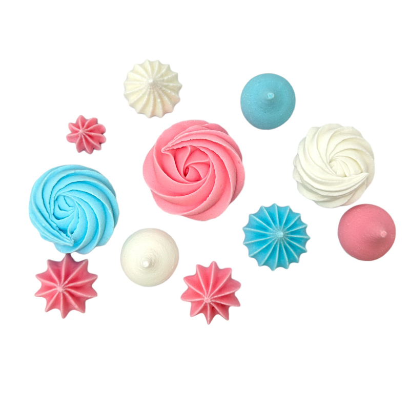 Meringue Baiser Tortendekoration Rose / Blau & Weiß – Essbare Baiser Mix Dekore