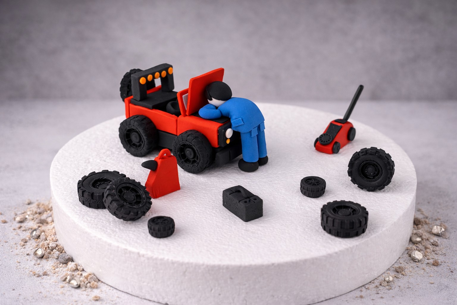 Essbare Reifen aus Fondant als Tortendeko für Mechaniker Geburtstag und Motorsport Torte