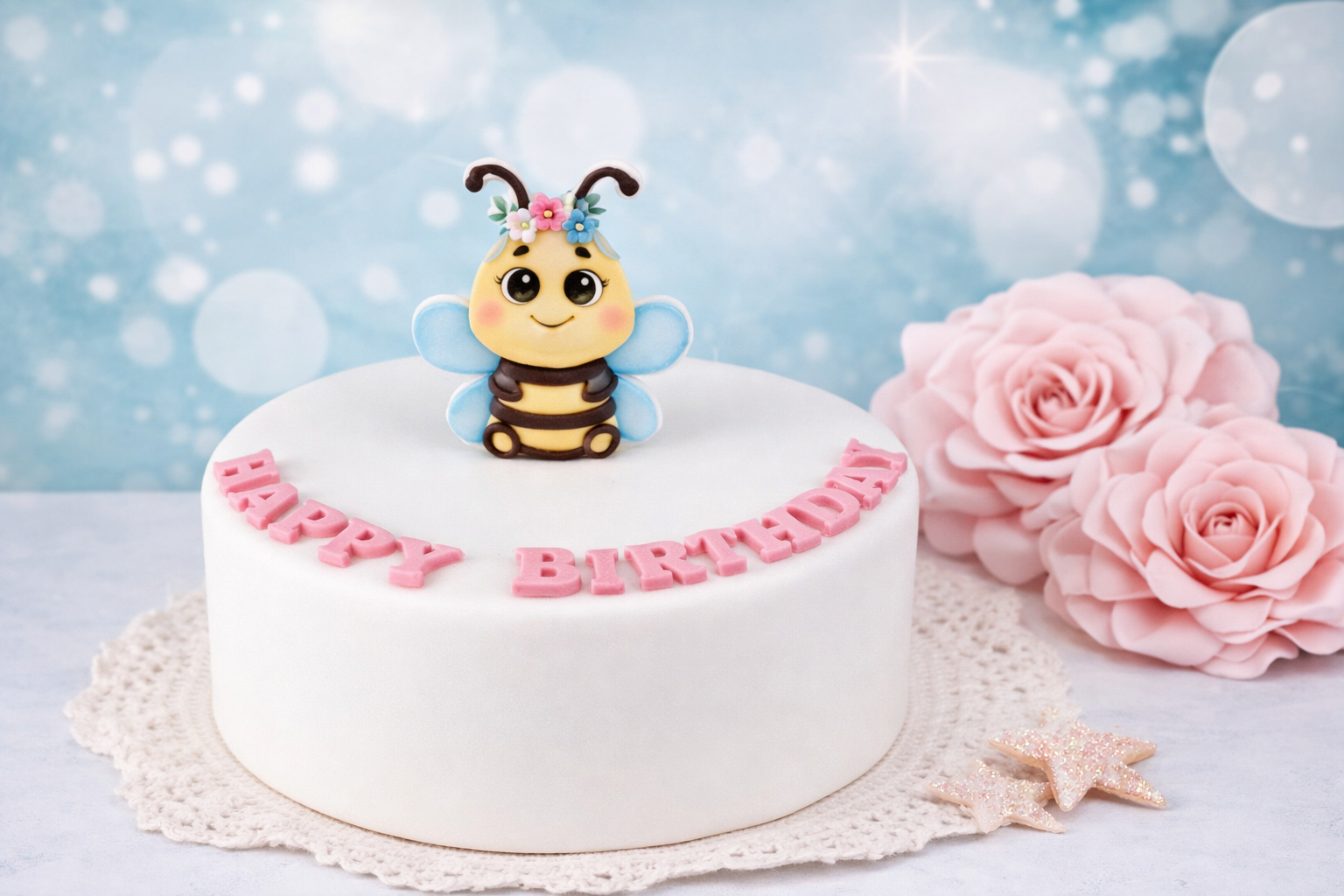🐝 Cake Topper Biene mit Blumenkranz – Handgefertigte Tortendeko für fröhliche Torten