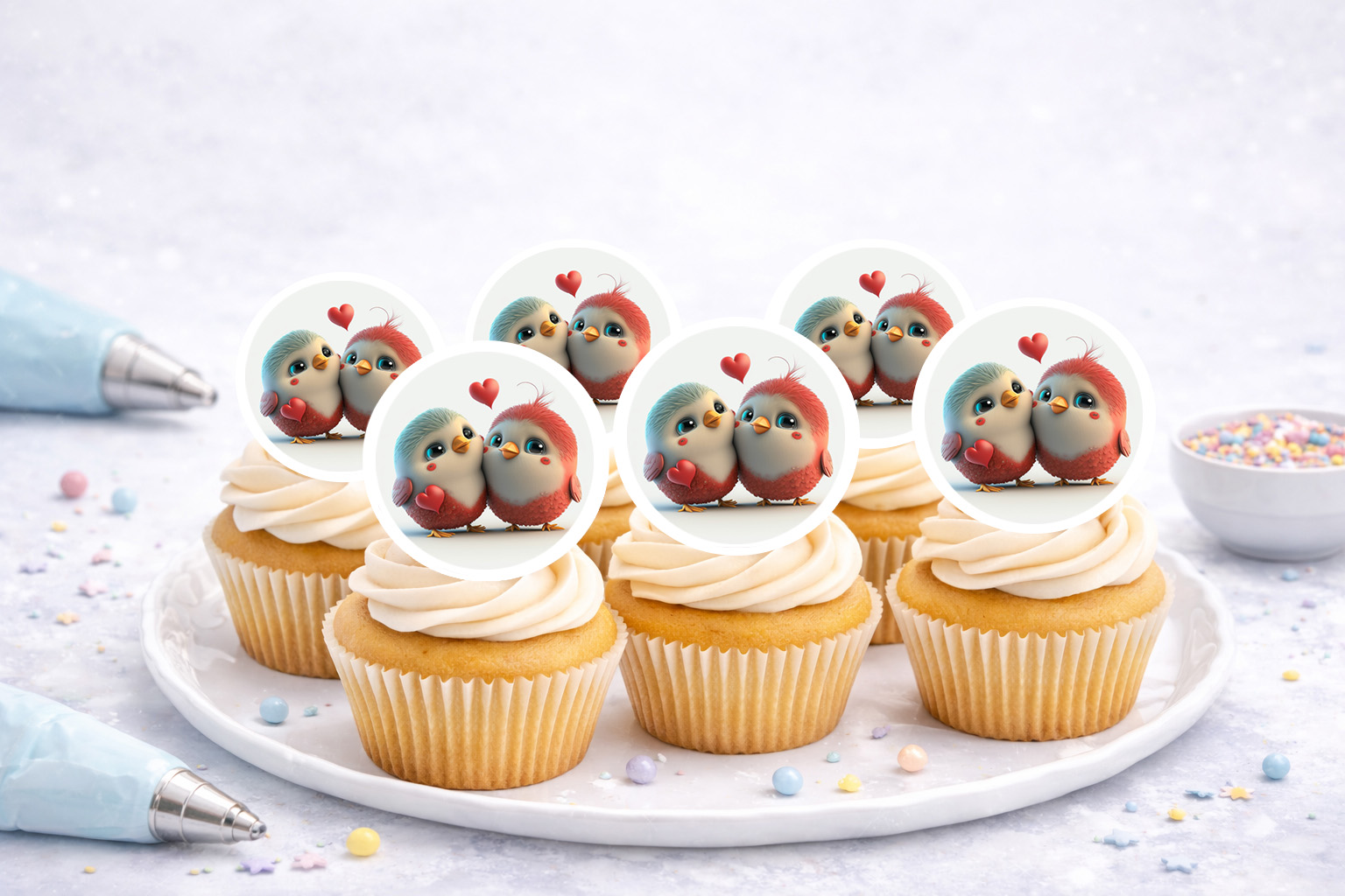 Essbare Muffinaufleger Vogelpärchen in Love aus Oblate Deluxe, 24 Aufleger auf A4 zum Ausschneiden
