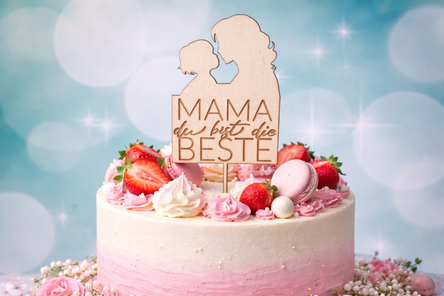 Cake Topper Muttertag aus Holz – Mama du bist die Beste – Tortendeko für Muttertagstorte