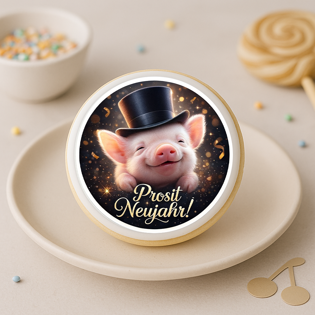 Keksaufleger „Prosit Neujahr“ – Schwein mit Zylinder