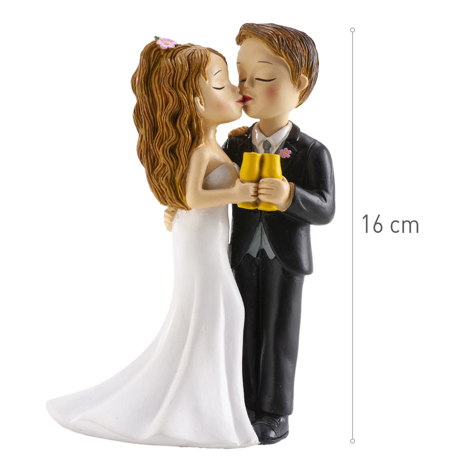 Hochzeitsfigur Brautpaar mit Sektgläsern & Kuss – 16 cm – Tortenfigur