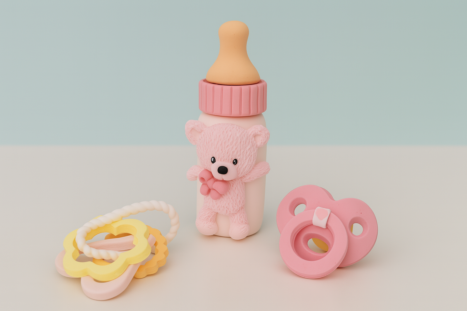 Baby-Deko Set für Torten – Fläschchen, Schnuller & Spielzeug aus Zuckermasse 