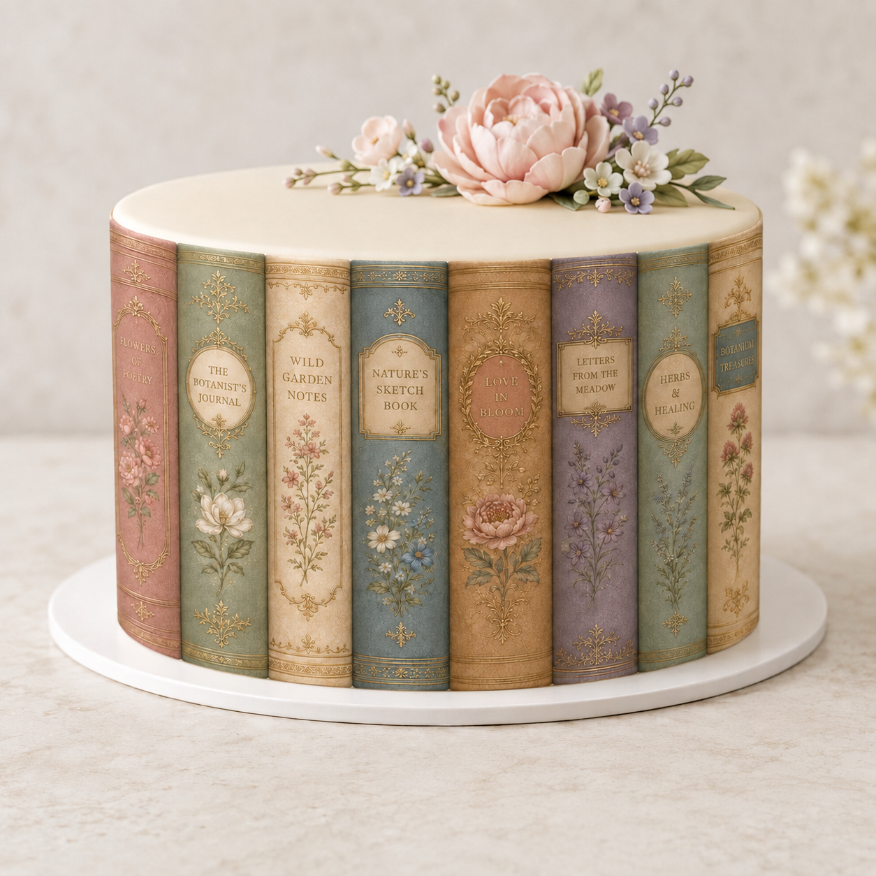 Dekofondant Vintage Bücher – essbare Tortenumrandung mit Blumenmotiv