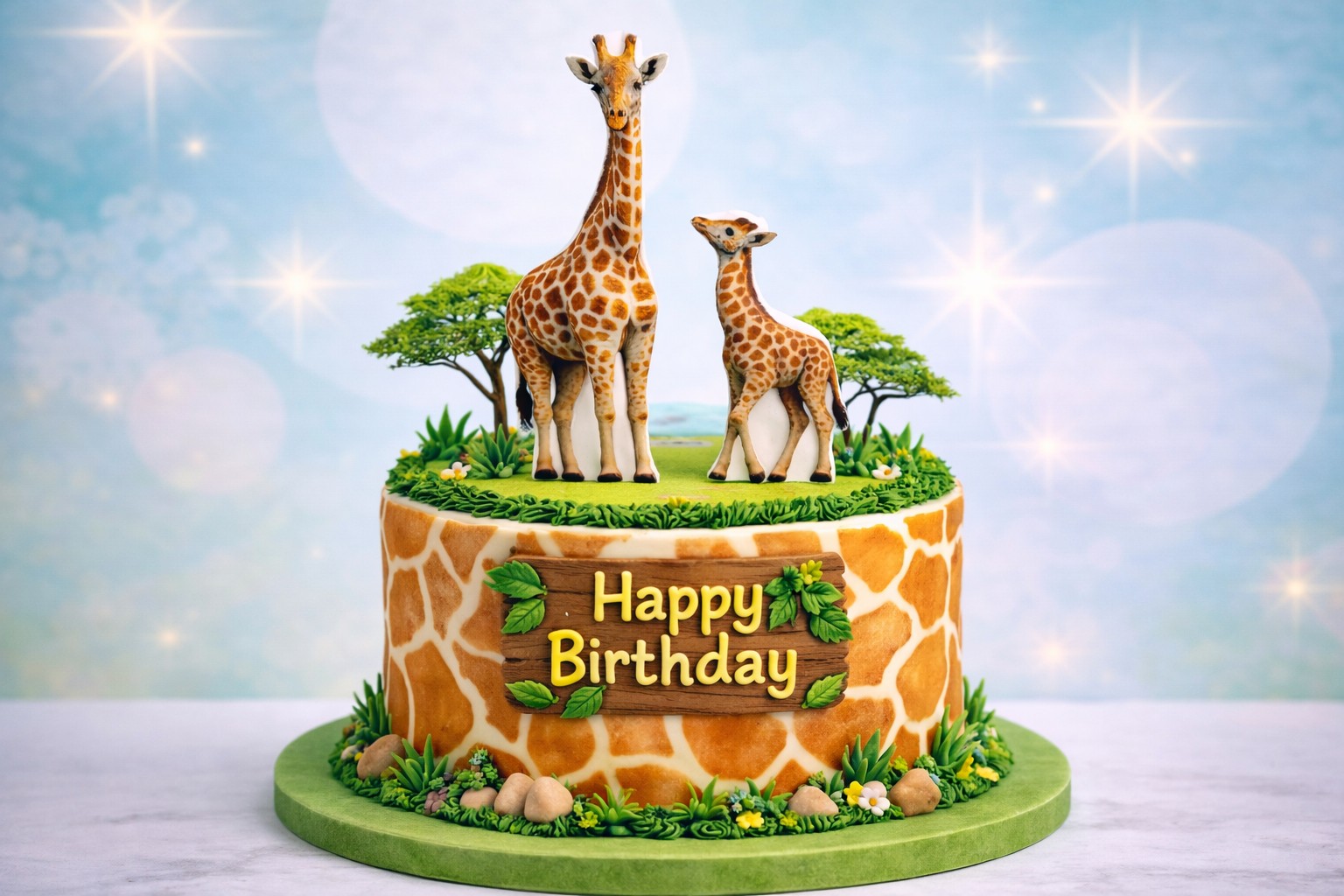 Essbares Cake Topper Set „Giraffe & Baby“ (2-tlg.) – Fondant-Tortenfiguren 15 cm & 7,5 cm mit Stäbchen | Safari Kindergeburtstag Tortendeko
