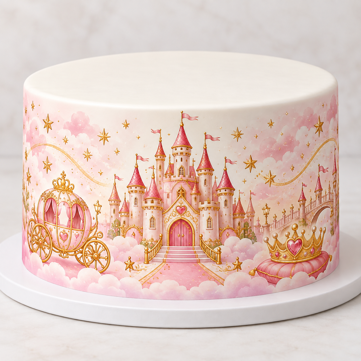Deko Fondant Prinzessinnen-Schloss – Rosa Tortenband mit Kutsche & Krone