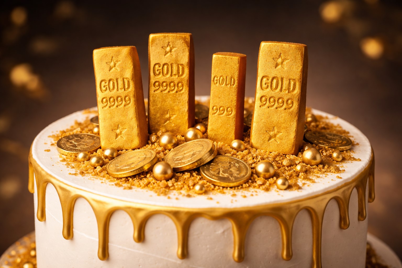 Essbare Fondant Goldbarren als Tortendeko auf einer Money Cake bzw. Casino-Themen-Torte in Goldoptik