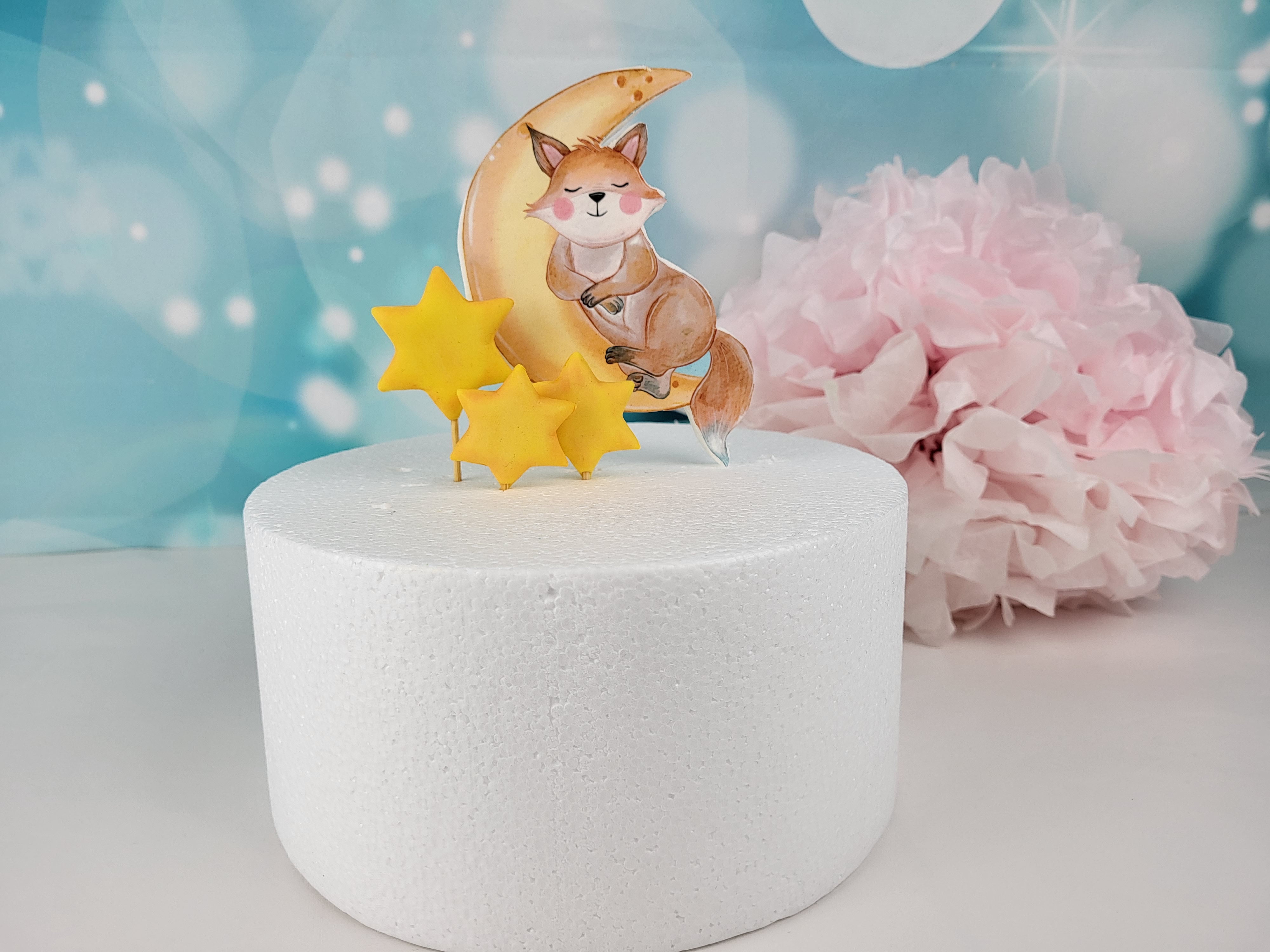 🌙 Cake Topper Fuchs in Mond mit Sternen – Fondant-Tortendeko für Kinder & Baby-Feiern