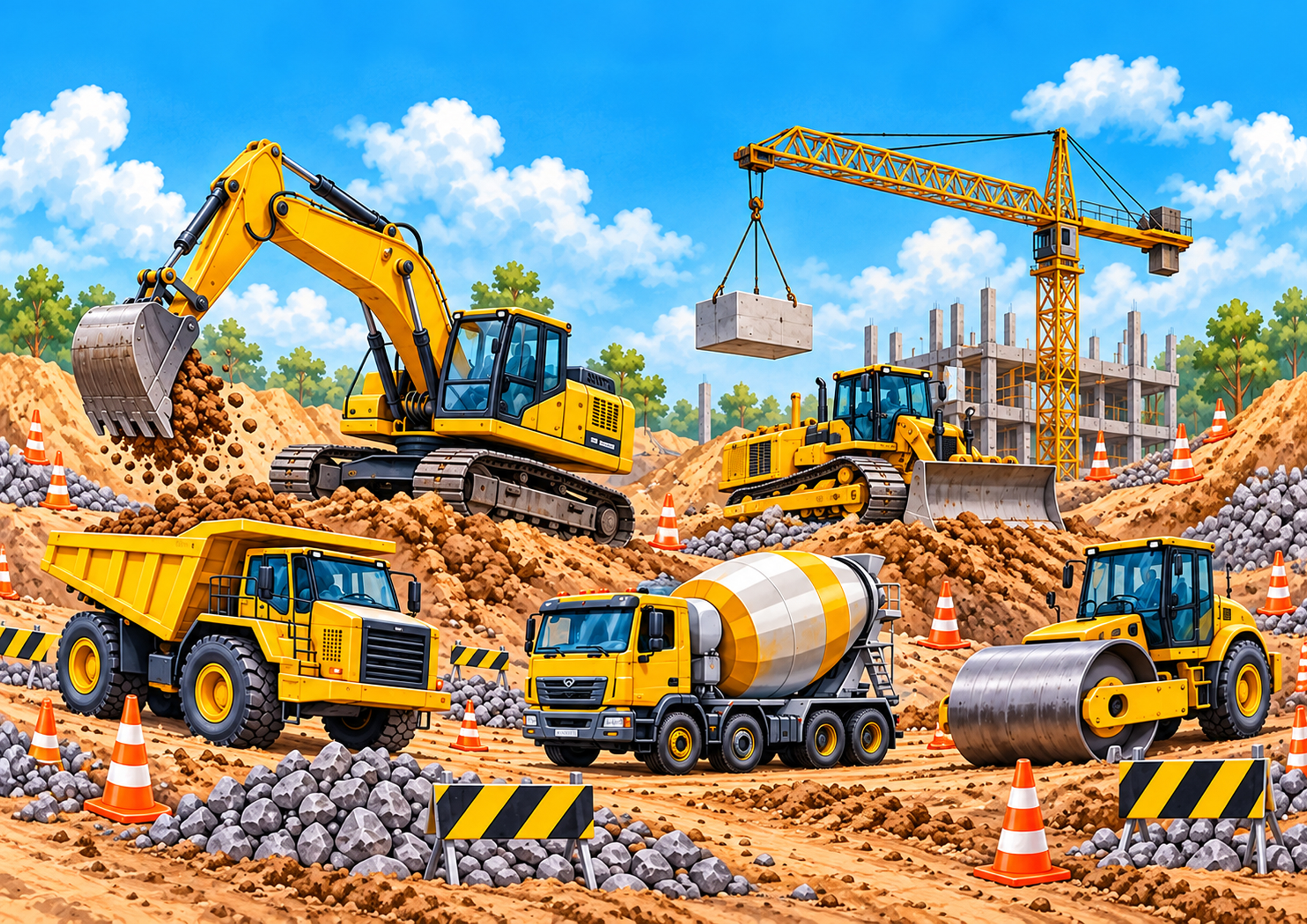 Deko-Fondant Baustelle – essbare Tortenbordüre mit Bagger, Kran & Baufahrzeugen