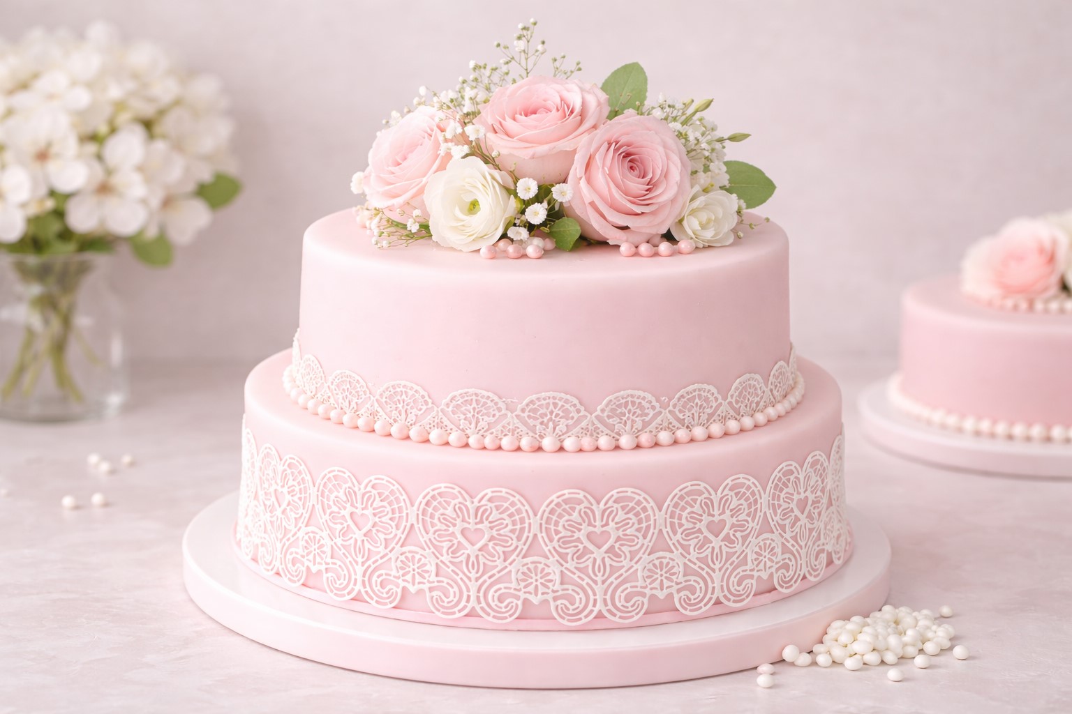 Essbare weiße Tortenbordüre mit filigranem Herzmuster als Cake Lace Dekoration für Hochzeitstorten