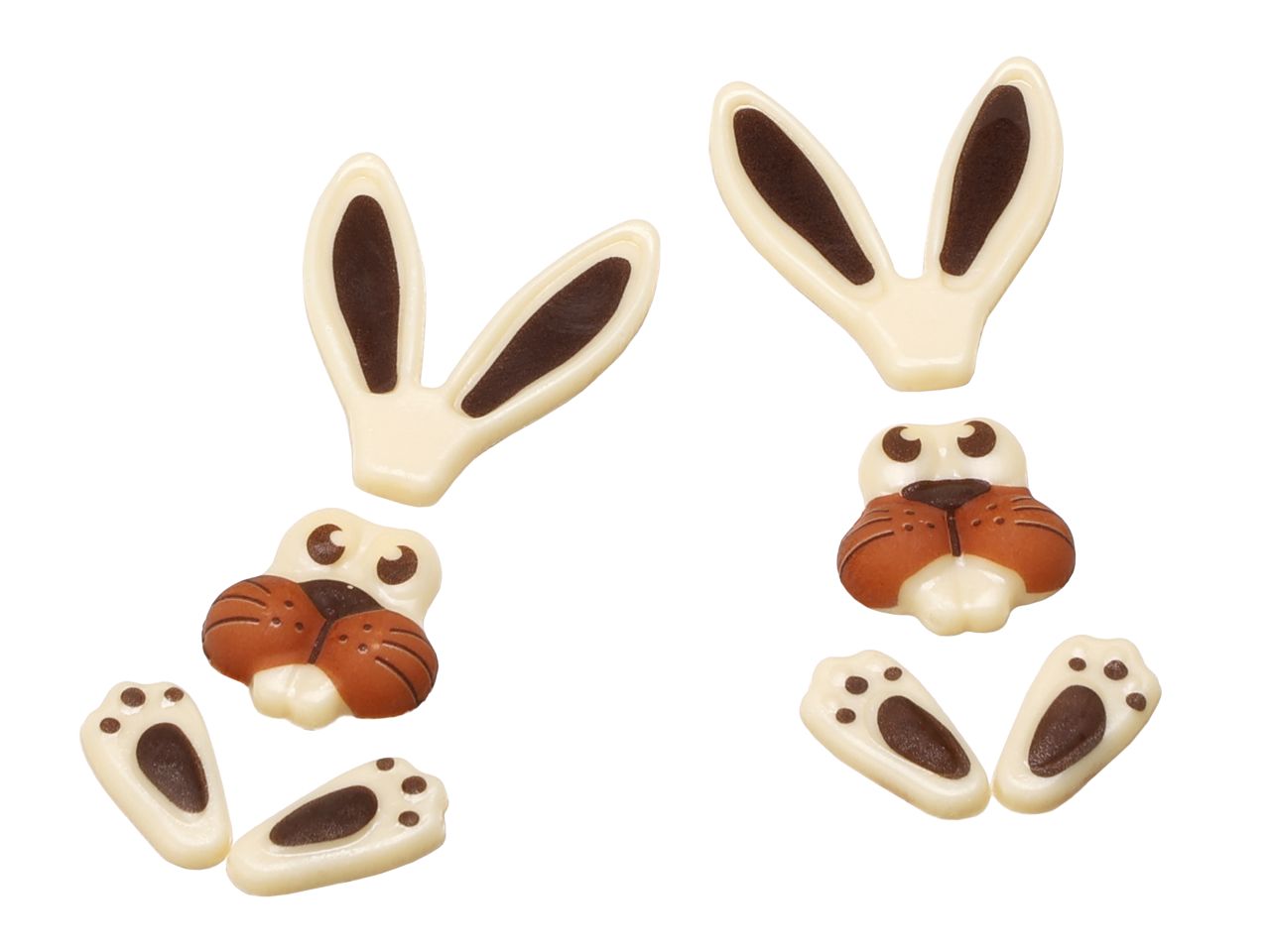 Schoko-Osterhase Deko-Set – 2 Sets aus weißer Schokolade (Hasenohren, Gesicht & Pfoten)